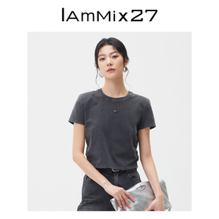 IAmMIX27短款 圆领T恤女短袖 抽褶收腰显瘦复古做旧纯色棉质打底衫