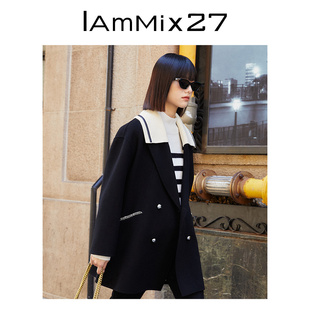 双面呢大衣女简约针织大翻领保暖绵羊毛混纺毛呢外套 IAmMIX27冬季