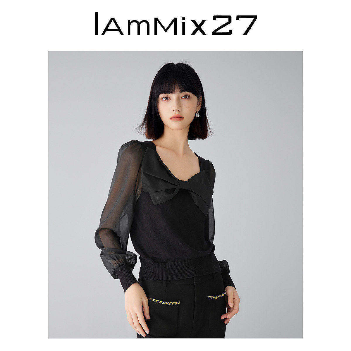 IAmMIX27法式方领针织衫女短款显瘦蝴蝶结雪纺袖拼接黑色套头上衣