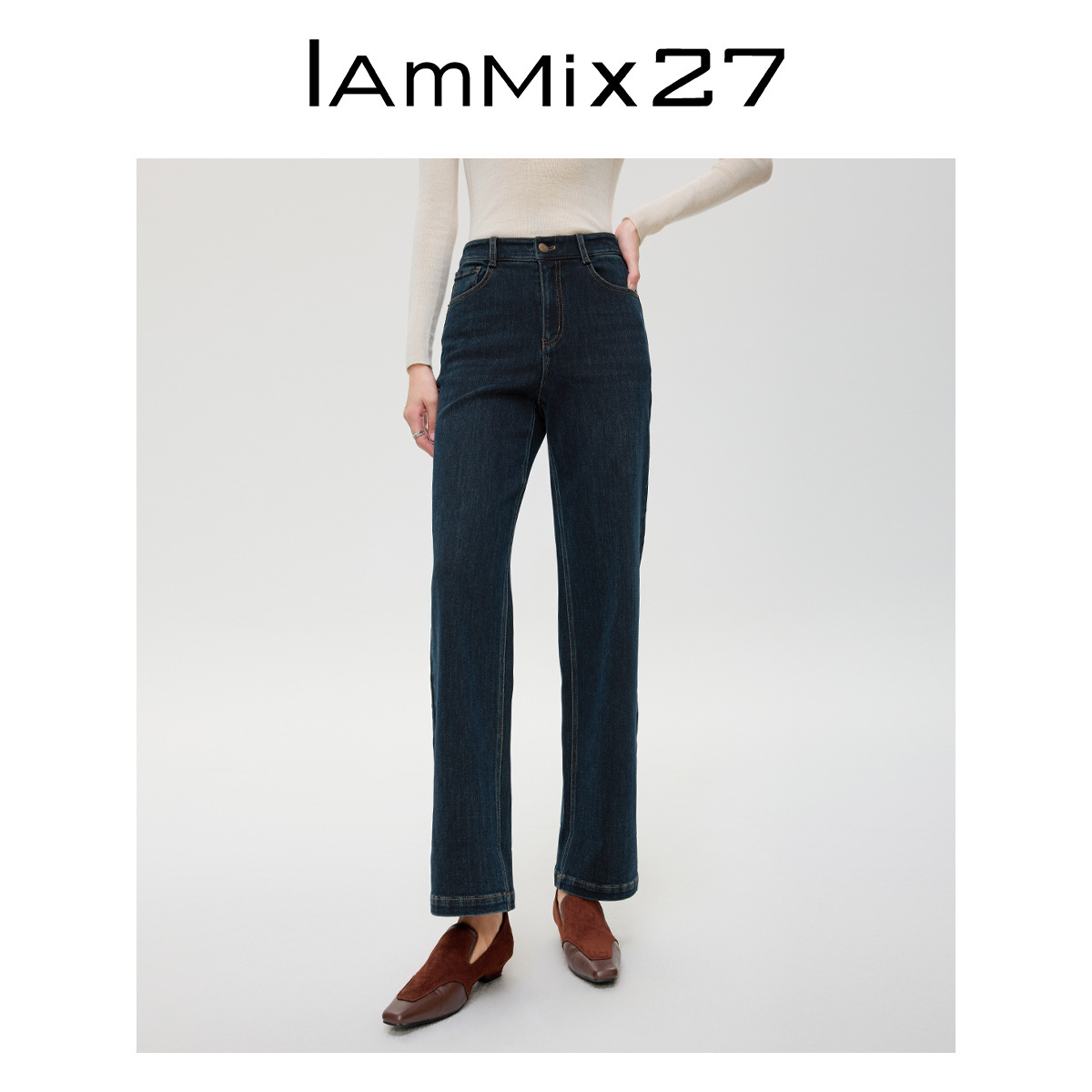 iammix27冬季加厚拉绒直筒牛仔裤