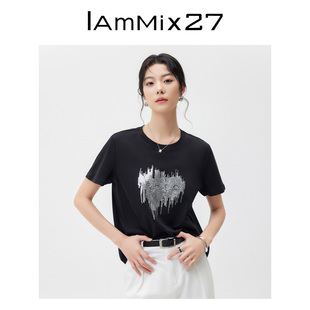 短袖 IAmMIX27夏季 T恤女黑色百搭宽松简约亮片绣休闲全棉圆领上衣