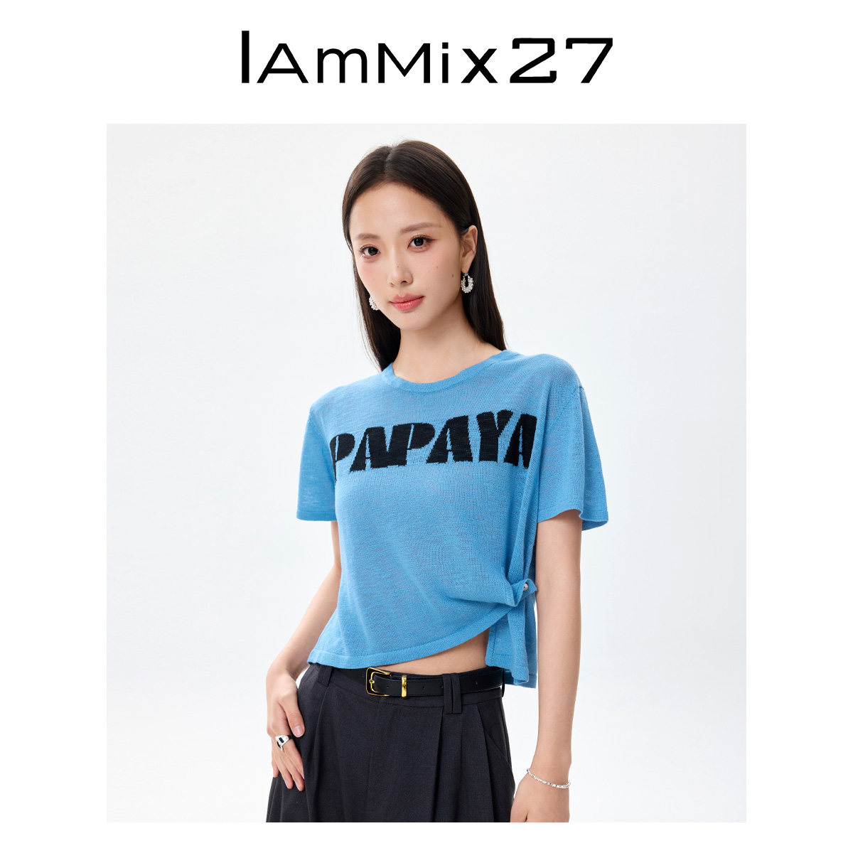 IAmMIX27圆领针织衫女短袖宽松薄款字母提花微落肩套头上衣女短款