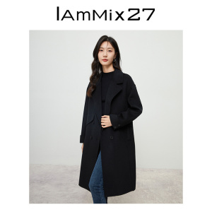 IAmMIX27冬季双面呢大衣女中长款宽松高品质绵羊毛西服领毛呢外套