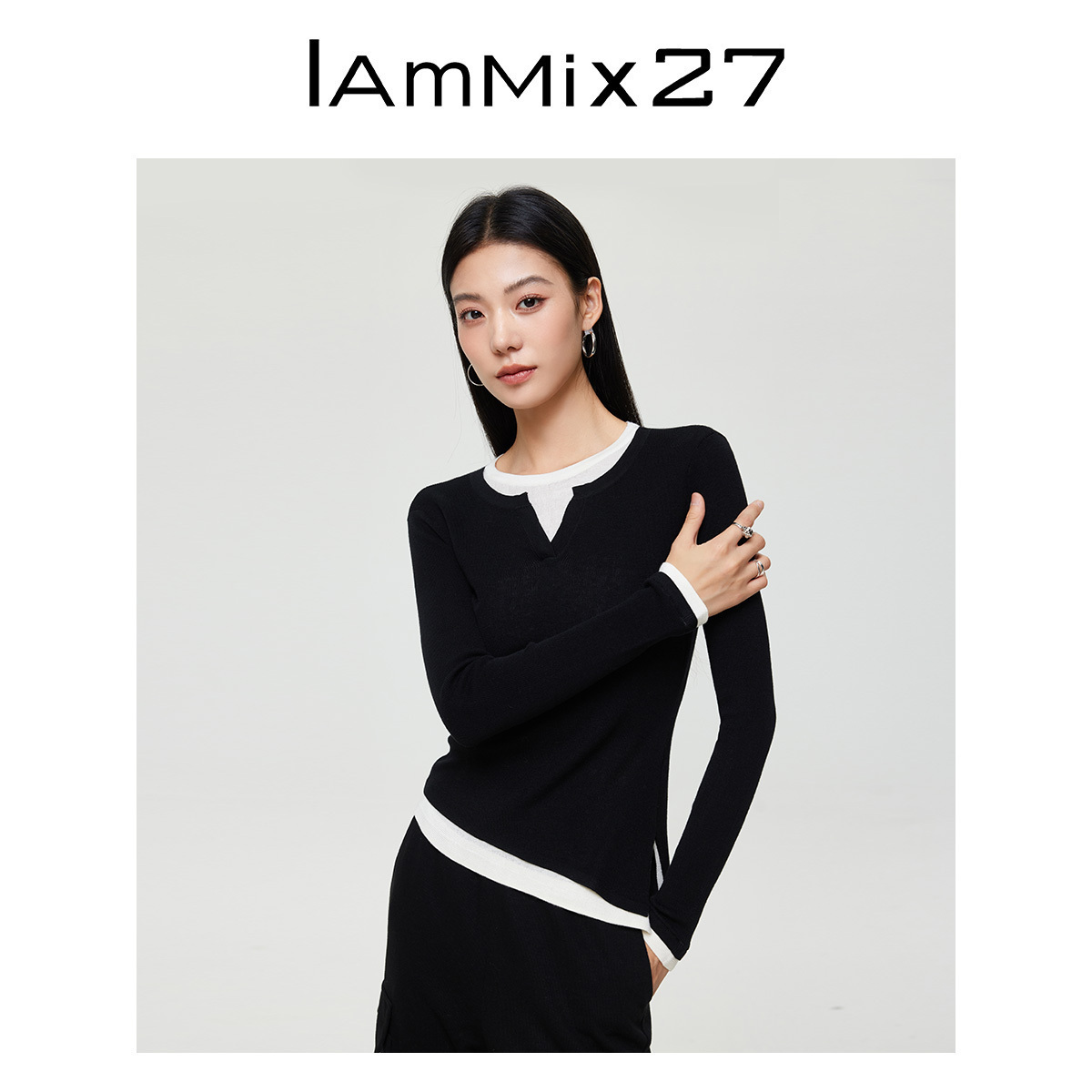 iammix27秋冬圆领假两件针织衫