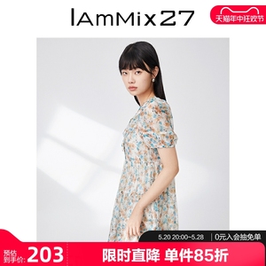 IAmMIX27夏季短袖娃娃领连衣裙女宽松高腰网纱薄款小碎花中长裙子