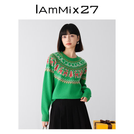 IAmMIX27秋冬圆领套头毛衫女宽松内搭英伦风圣诞提花针织衫女毛衣