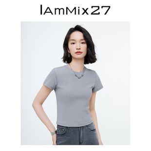 女 IAmMIX27纯色正肩短袖 T恤女短款 修身 显瘦百搭针织棉圆领打底衫