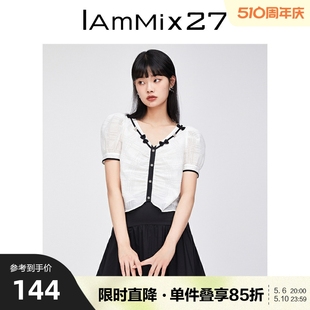 显瘦小香风白色短袖 IAmMIX27夏季 女士短款 v领套头衬衫 衬衣女薄款