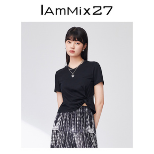 上衣 IAmMIX27短袖 T恤女纯色简约显瘦小众不规则扭结全棉圆领短款