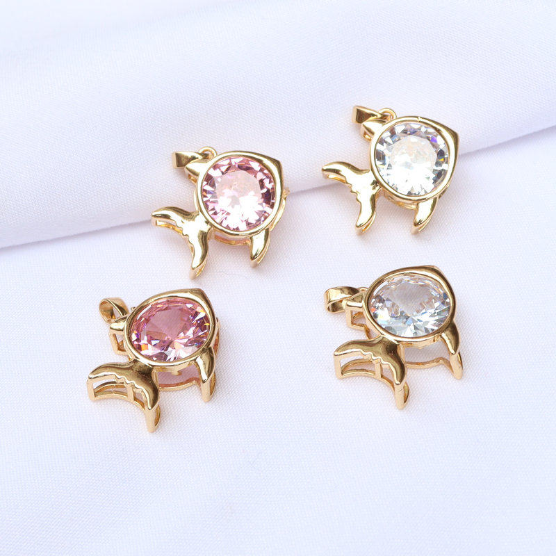 铜电镀14K真金微镶锆石小鱼吊坠diy手工发簪项链手链饰品制作材料