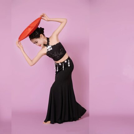 新款傣族舞蹈服装女孔雀舞表演服艺考包臀鱼尾裙少儿花腰练习裙子