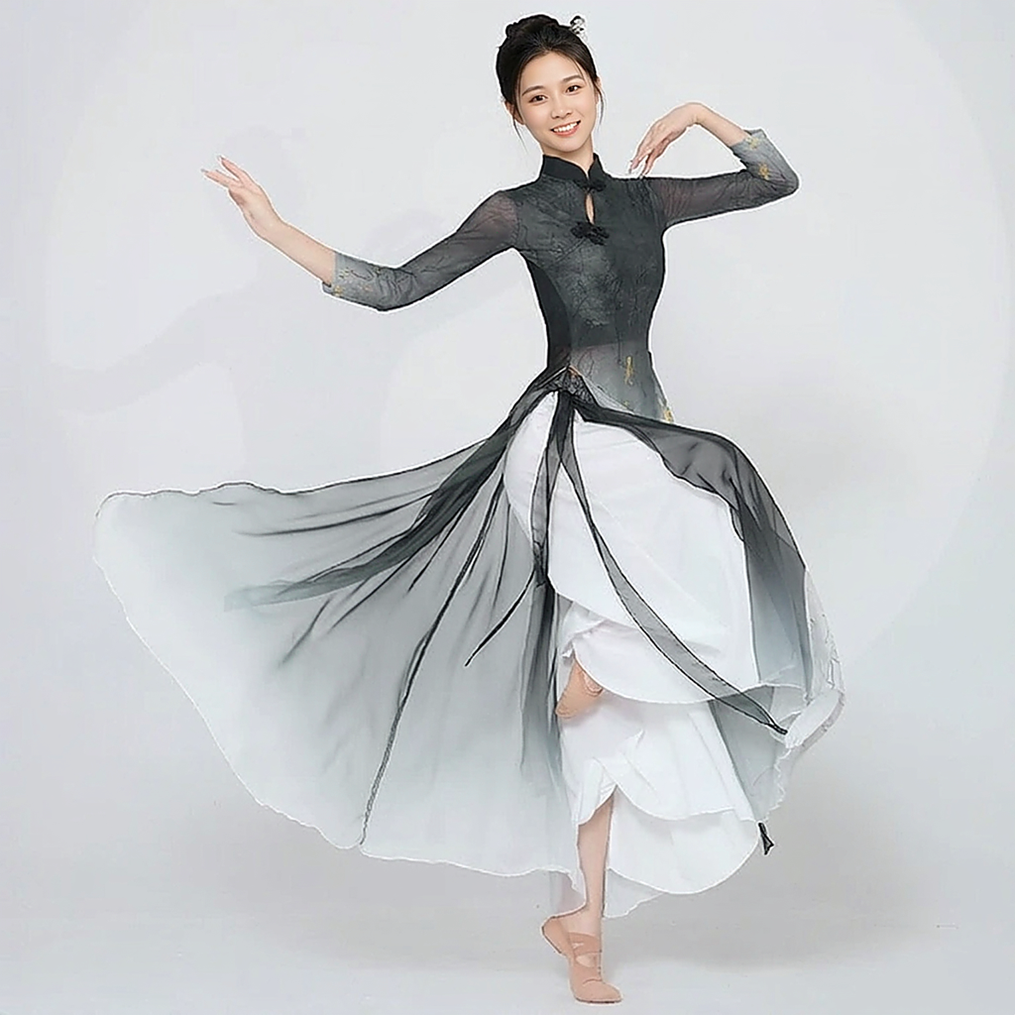 新款古典舞练功服身韵纱衣旗袍走秀服飘逸中国风国风演出服女装墨