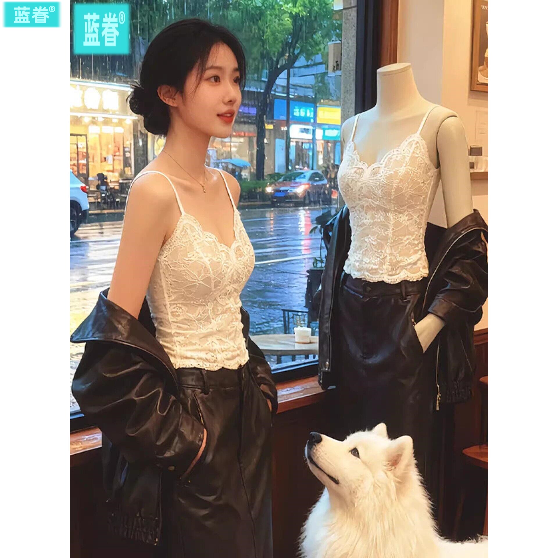 法式蕾丝吊带背心女带胸垫西装内搭上衣鱼骨修身美背文胸一体内衣