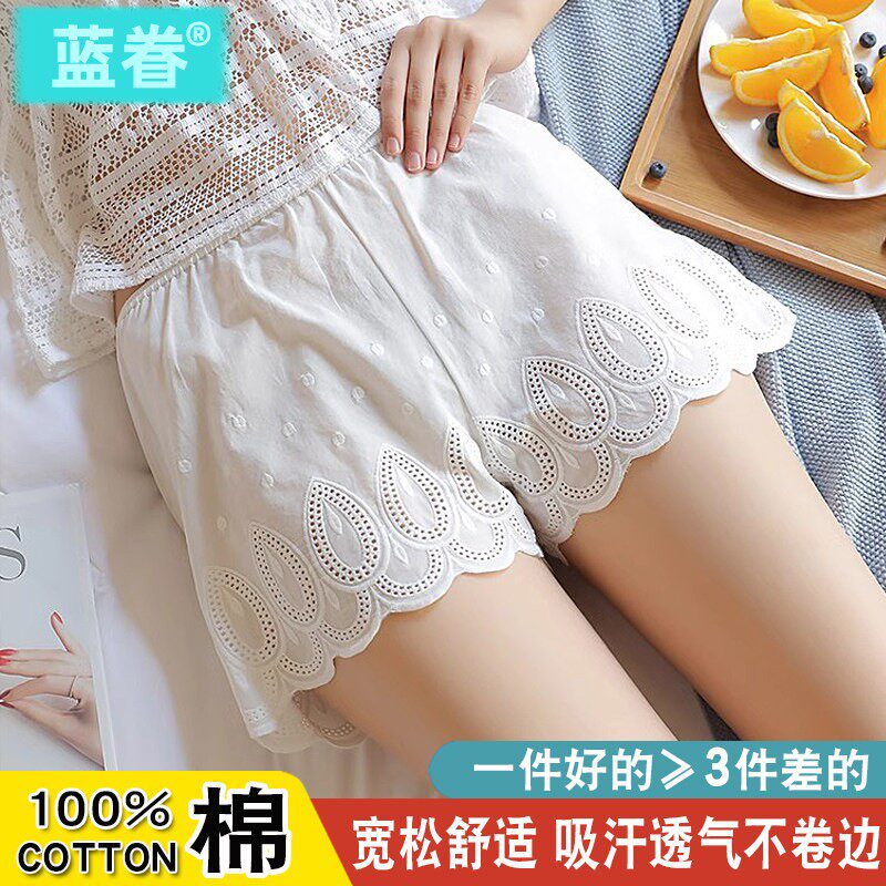 宽松纯棉防走光安全裤女可外穿打底裤刺绣蕾丝居家三分短裤保险裤