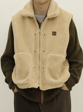 OUTORI2023秋冬复古飞行员保暖坎肩夹克纯色拼接翻领羊羔绒马甲男