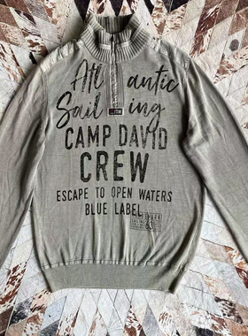 工装camp david戴维营男款灰色做旧水洗纯棉字母印花针织衫毛衣