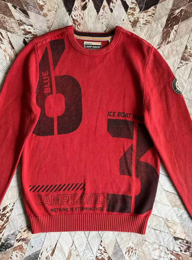 工装camp david戴维营男款红色做旧水洗纯棉字母印花针织衫毛衣