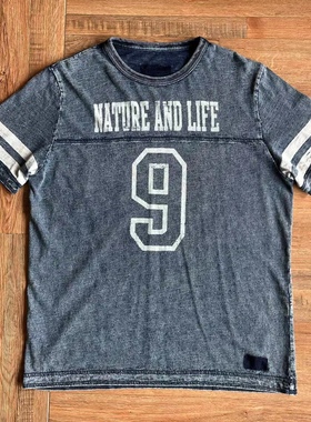 日本elkex男款复古做旧字母印花宽松款纯棉短袖T恤indigo蓝染水洗