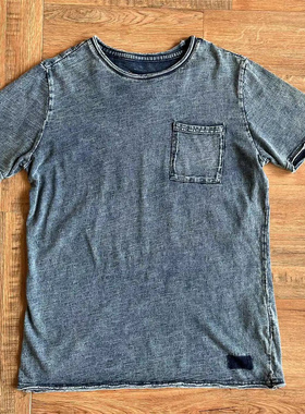 日本elkex男款复古做旧毛边设计纯棉圆领短袖T恤indigo蓝染水洗夏