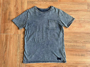 日本elkex男款复古做旧毛边设计纯棉圆领短袖T恤indigo蓝染水洗夏