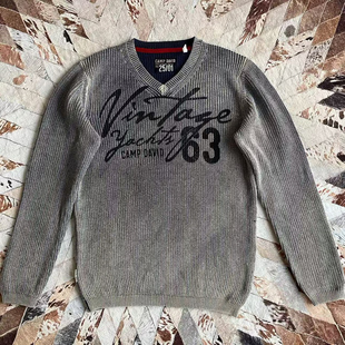 做旧蓝染水洗纯棉字母印花针织衫 david戴维营男款 毛衣 camp 工装