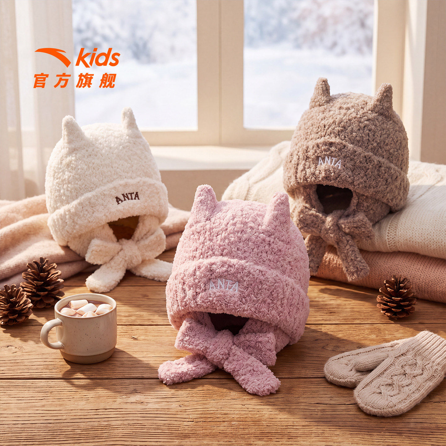 猫耳帽|安踏儿童女童复古针织帽26冬新款保暖防寒护耳冷帽毛线帽