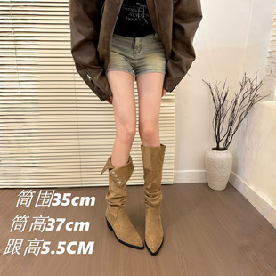 堆堆靴复古小众卡其色长靴女靴子秋冬粗跟高筒靴骑士靴百搭西部靴