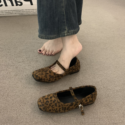 送运费险复古绒面豹纹玛丽珍单鞋
