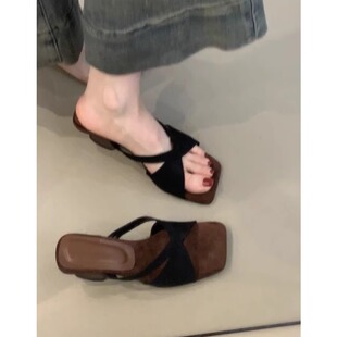 羊皮版~真皮法式复古坡跟凉拖鞋女夏季外穿绝美气质高跟拖鞋凉鞋