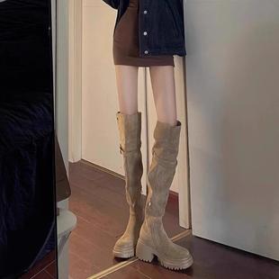 8CM厚底过膝长靴女2025秋冬美拉德两穿翻折长筒靴小个子高筒靴子