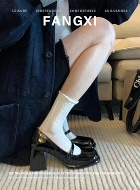 春秋法式黑色浅口一字扣jk鞋子方头高跟鞋女粗跟单鞋玛丽珍女鞋
