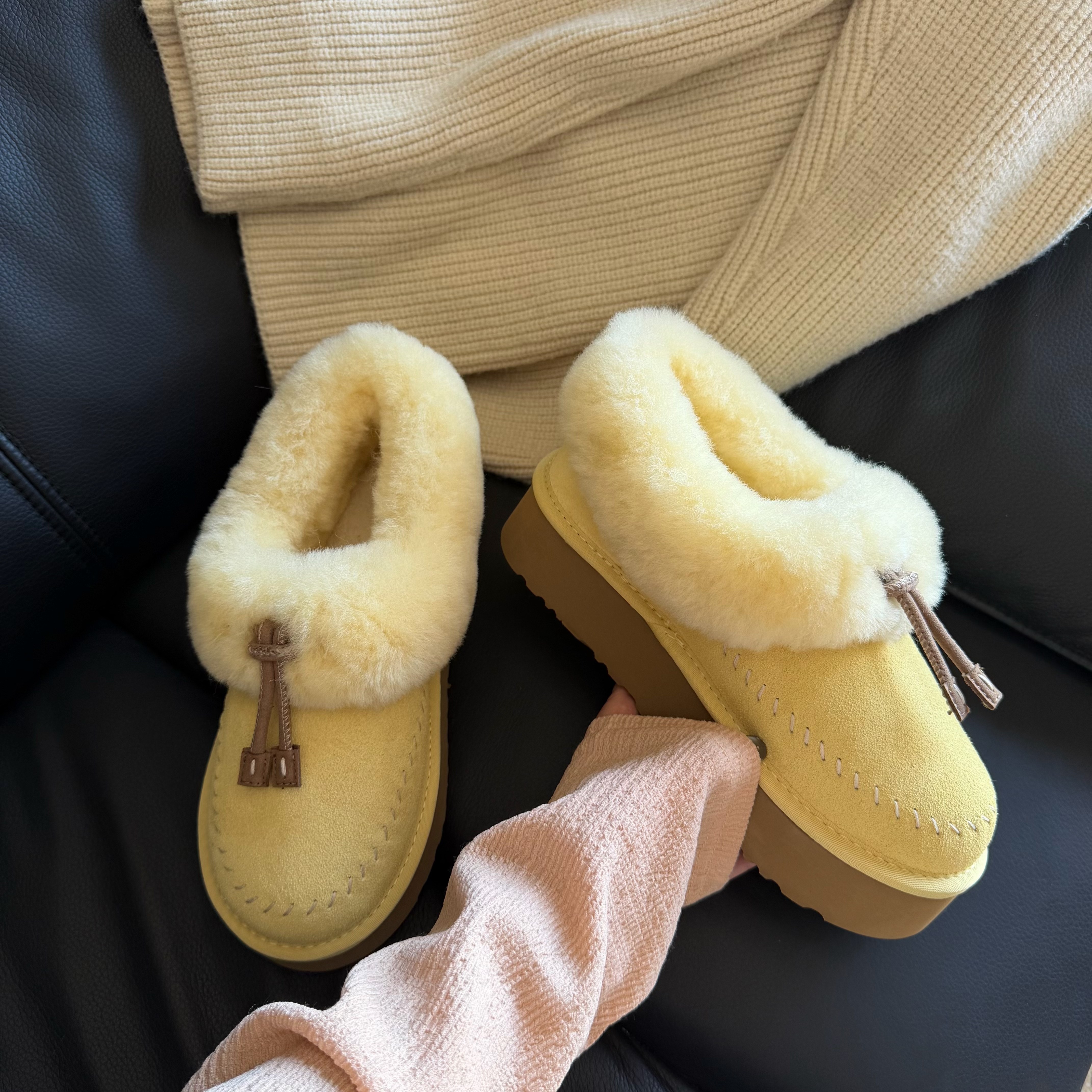 2026新款皮毛一体雪地靴女厚底增高保暖棉鞋小鸡黄缝线麦穗便鞋