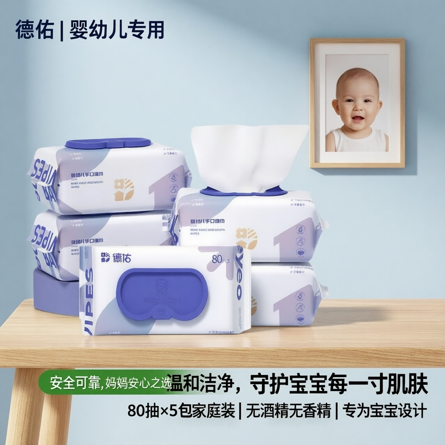 德佑婴幼儿手口湿巾 80抽5包湿纸巾家庭装婴儿专用湿巾纸抽纸包邮