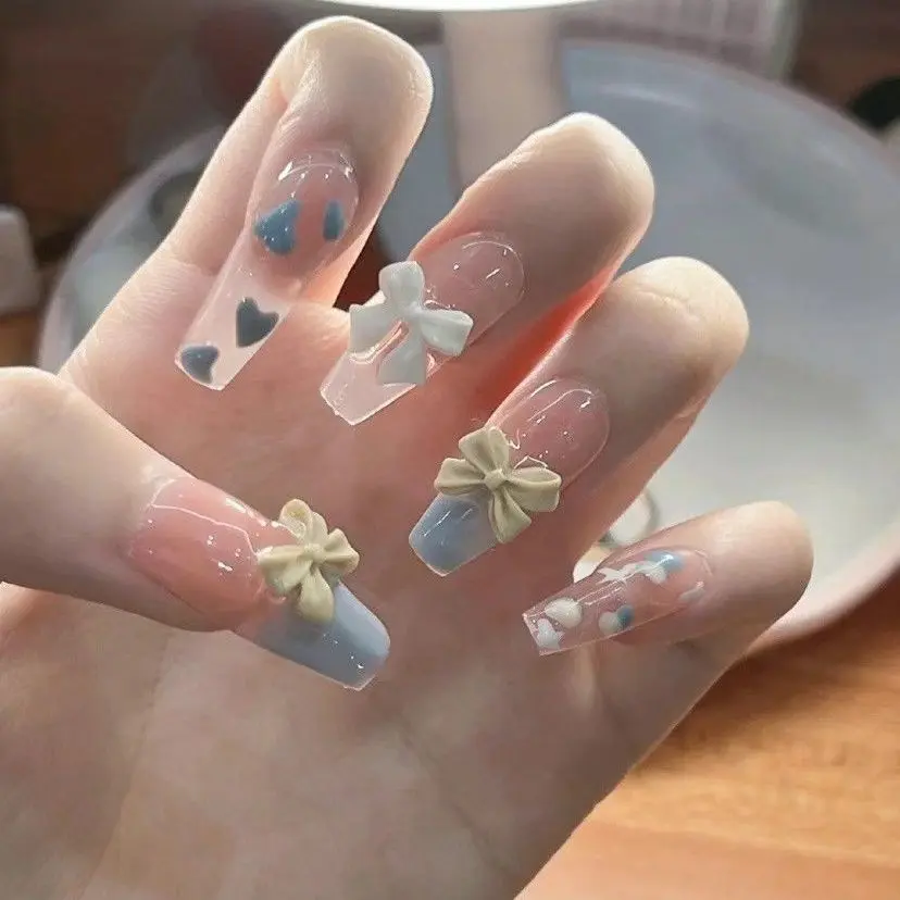 手工美甲穿戴甲假指甲贴片新款秋冬显白蝴蝶结长款指甲贴片蓝灰色