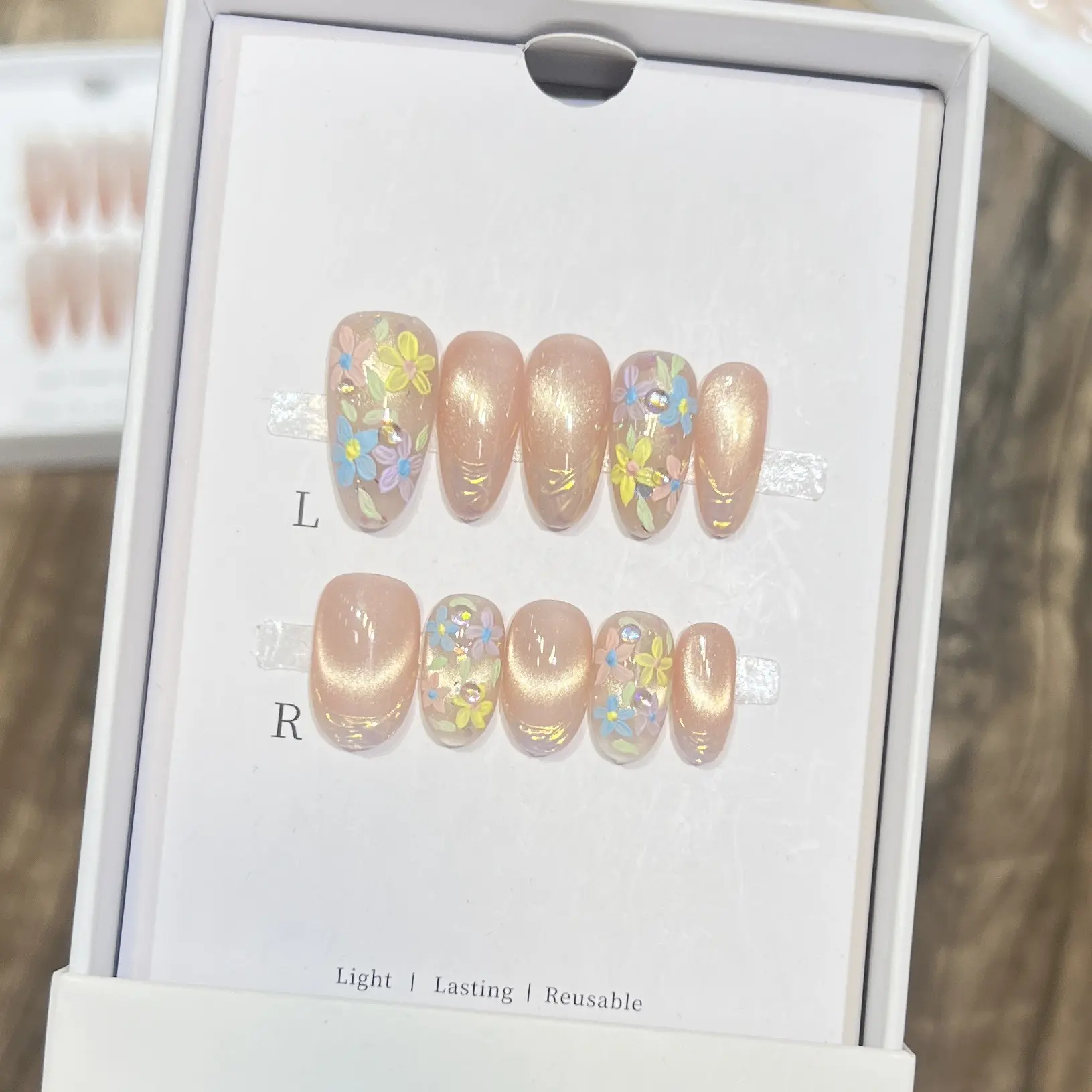 黛瑞森 纯手工穿戴甲莫奈花园可爱油画手绘猫眼法式夏季显白甲片