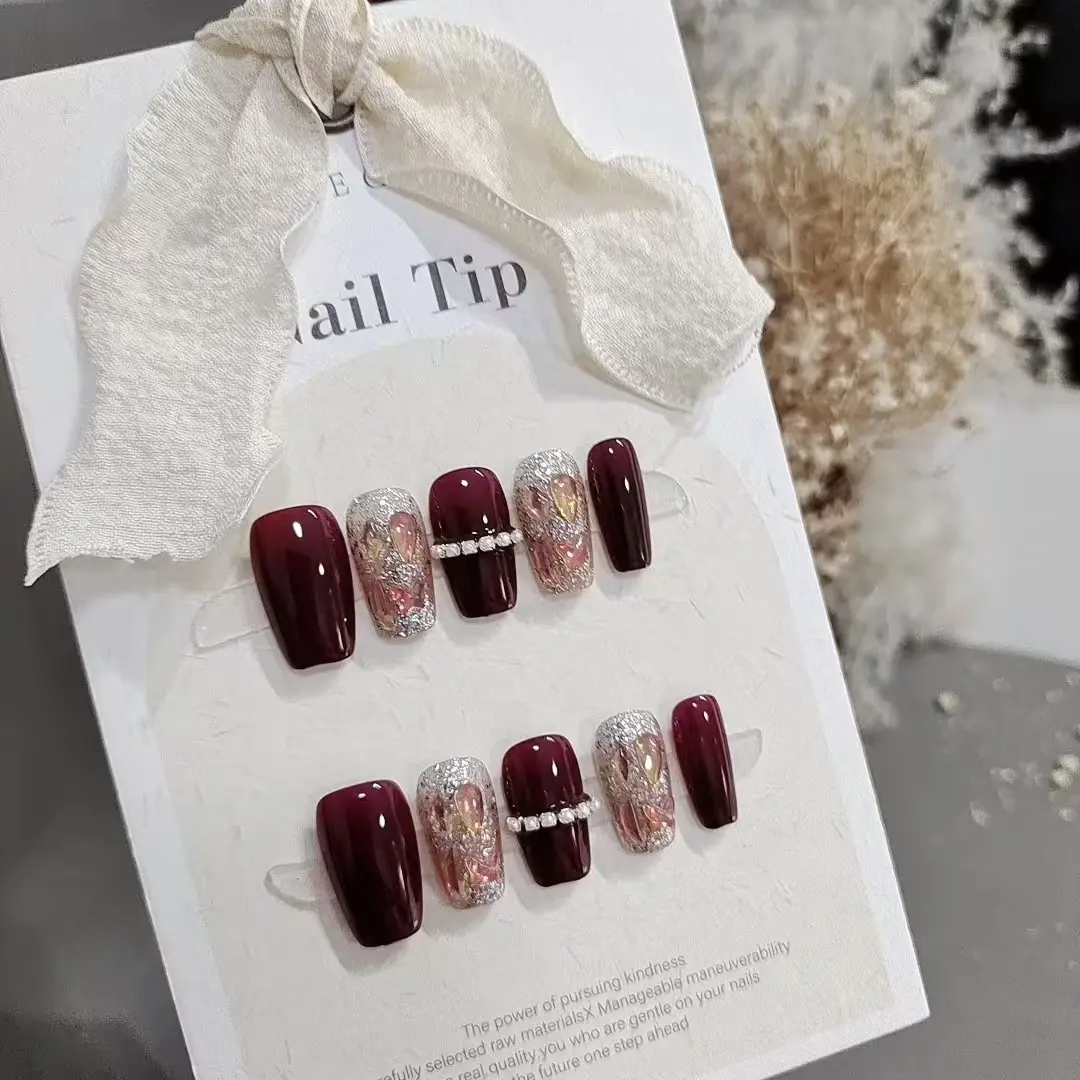 穿戴甲10片S061红满天星短梯链条钻轻奢新娘钻高级气质显白假指甲