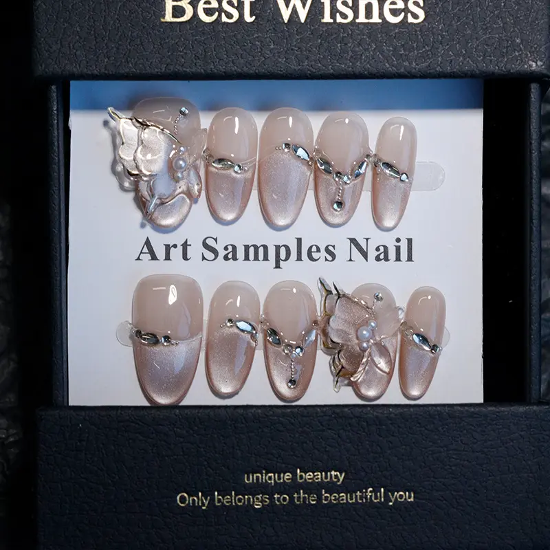 手工穿戴甲显白立体枯叶珍珠蝴蝶闪钻项链显白轻奢高级感成品美甲