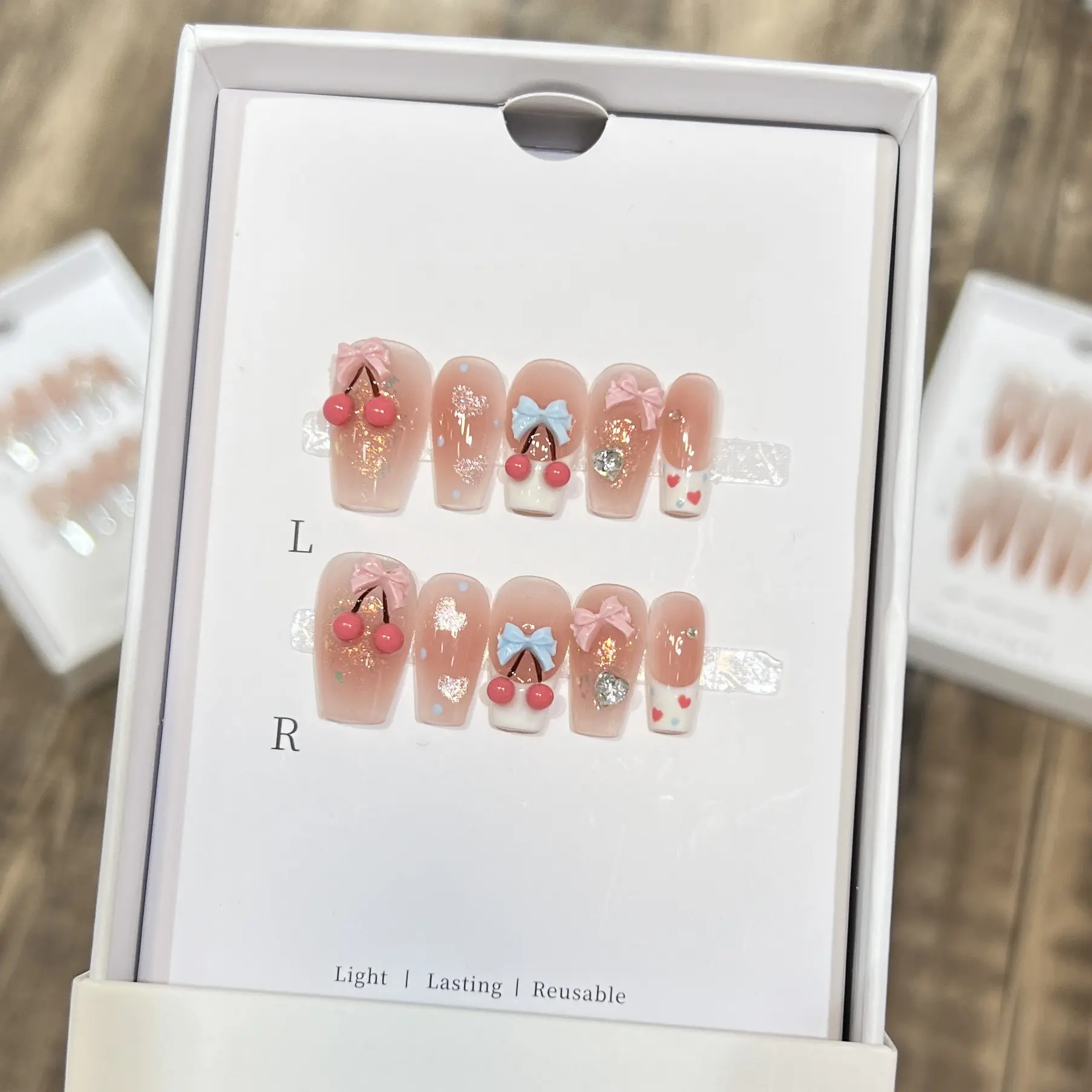 黛瑞森 【樱桃丸子】蝴蝶结爱心法式美甲可爱风腮红纯手工穿戴甲