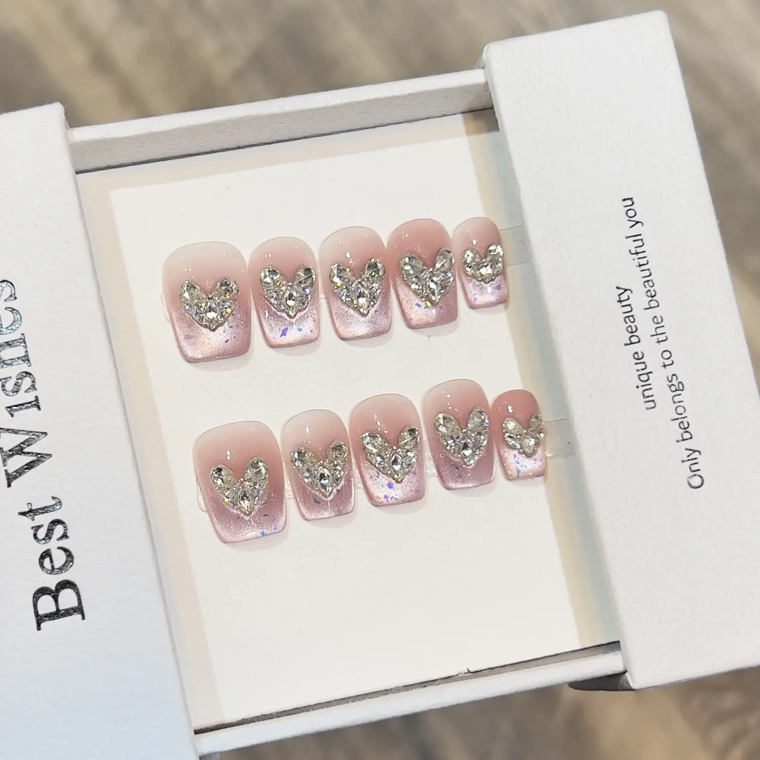 黛瑞森 【璀璨心钻】小清新粉色腮红猫眼法式爆闪锆石手工穿戴甲