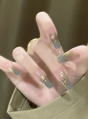 C587-穿戴甲成品可拆卸美甲贴片长款渐变金丝纯欲气质假指甲贴片