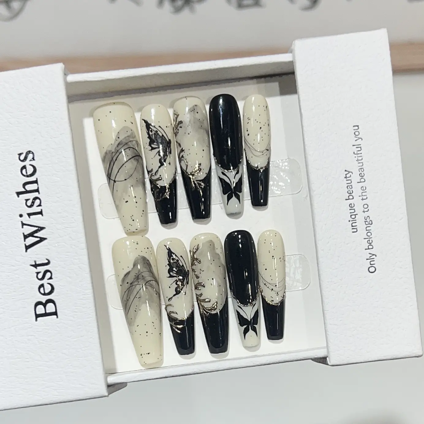 中国风穿戴甲纯手工美甲假指甲贴片手绘山水画蝴蝶法式魔镜指甲片