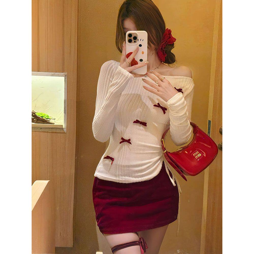 蝴蝶结露肩斜领长袖T恤女
