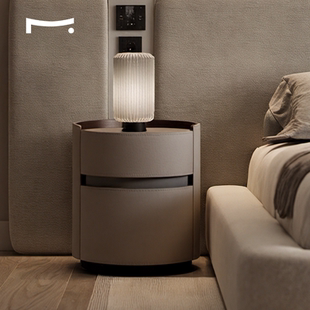 已夏意式极简创意圆筒设计师卧室马鞍皮高级床头柜轻奢收纳柜