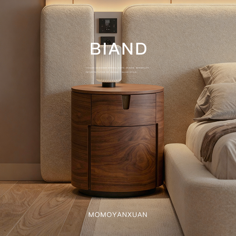 某某严选意式极简胡桃色复古高级感卧室家用圆形储物设计师床头柜