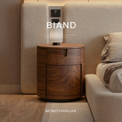 某某严选意式中古胡桃色复古高级感卧室家用圆形储物设计师床头柜