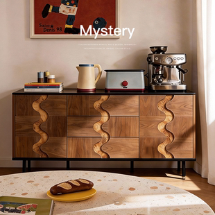 已夏纹漪餐边柜中古风客厅餐厅黑胡桃木实木储物柜落地高脚收纳柜