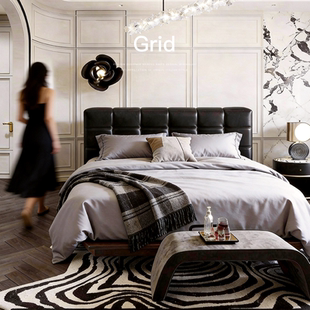 已夏 中古风白蜡木主卧室复古风全真皮现代高级感双人床 方块床