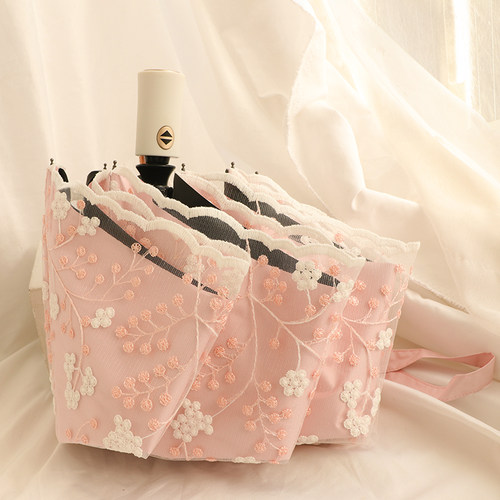 柏纯希三折蕾丝刺绣黑胶双层自动