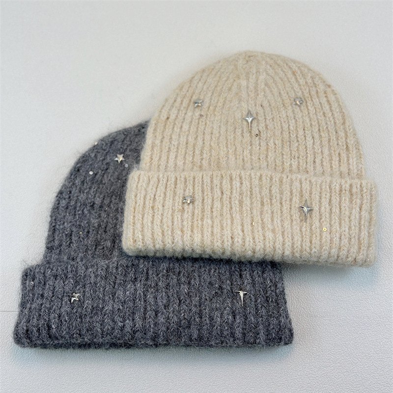 秋冬星星亮钻针织毛线帽韩版保暖护耳百搭显脸小大头围冷帽户外防