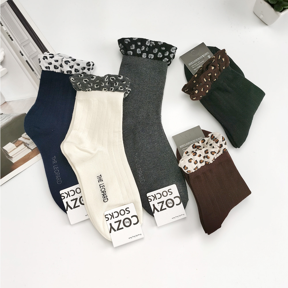 豹纹木耳边韩国袜子东大门cozy女士新款学院可爱少女款东大门批发